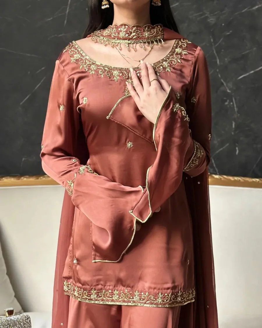 RICH LOOK CREPE SILK MULTI NEEDLE WORK EMBROIDERY SEQUENCE WORK TOP PALAZZO WITH DUPATTA FESTIVE WEAR WHOLESALE PRICE ETHNIC GARMENT (8)
