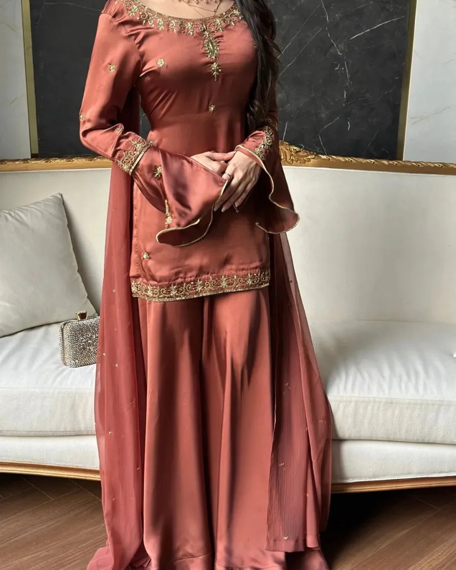 RICH LOOK CREPE SILK MULTI NEEDLE WORK EMBROIDERY SEQUENCE WORK TOP PALAZZO WITH DUPATTA FESTIVE WEAR WHOLESALE PRICE ETHNIC GARMENT (9)