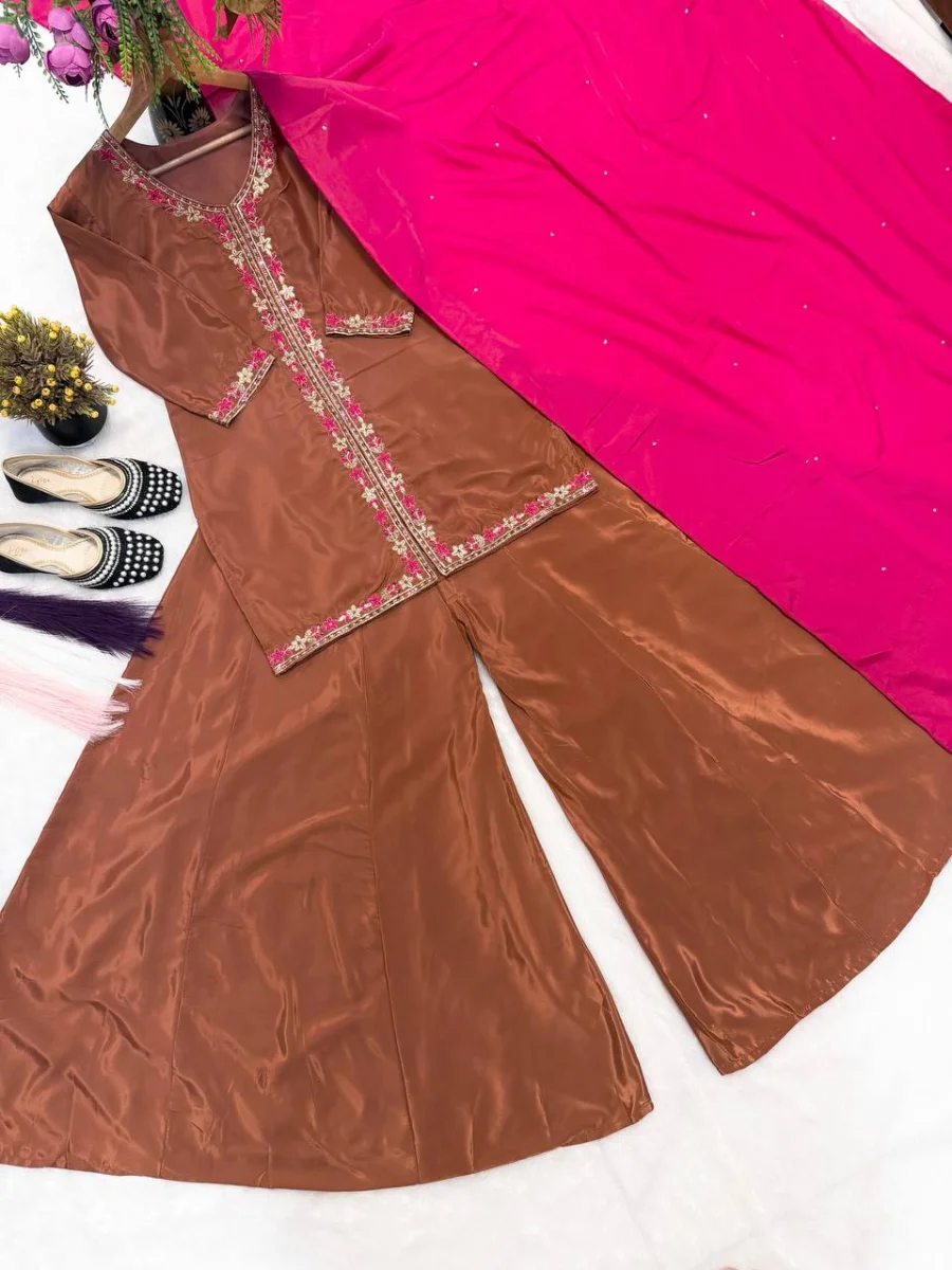 RICH LOOK CREPE SILK MULTI NEEDLE WORK EMBROIDERY SEQUENCE WORK TOP PALAZZO WITH DUPATTA WEDDING WEAR WHOLESALE PRICE ETHNIC GARMENT (11)