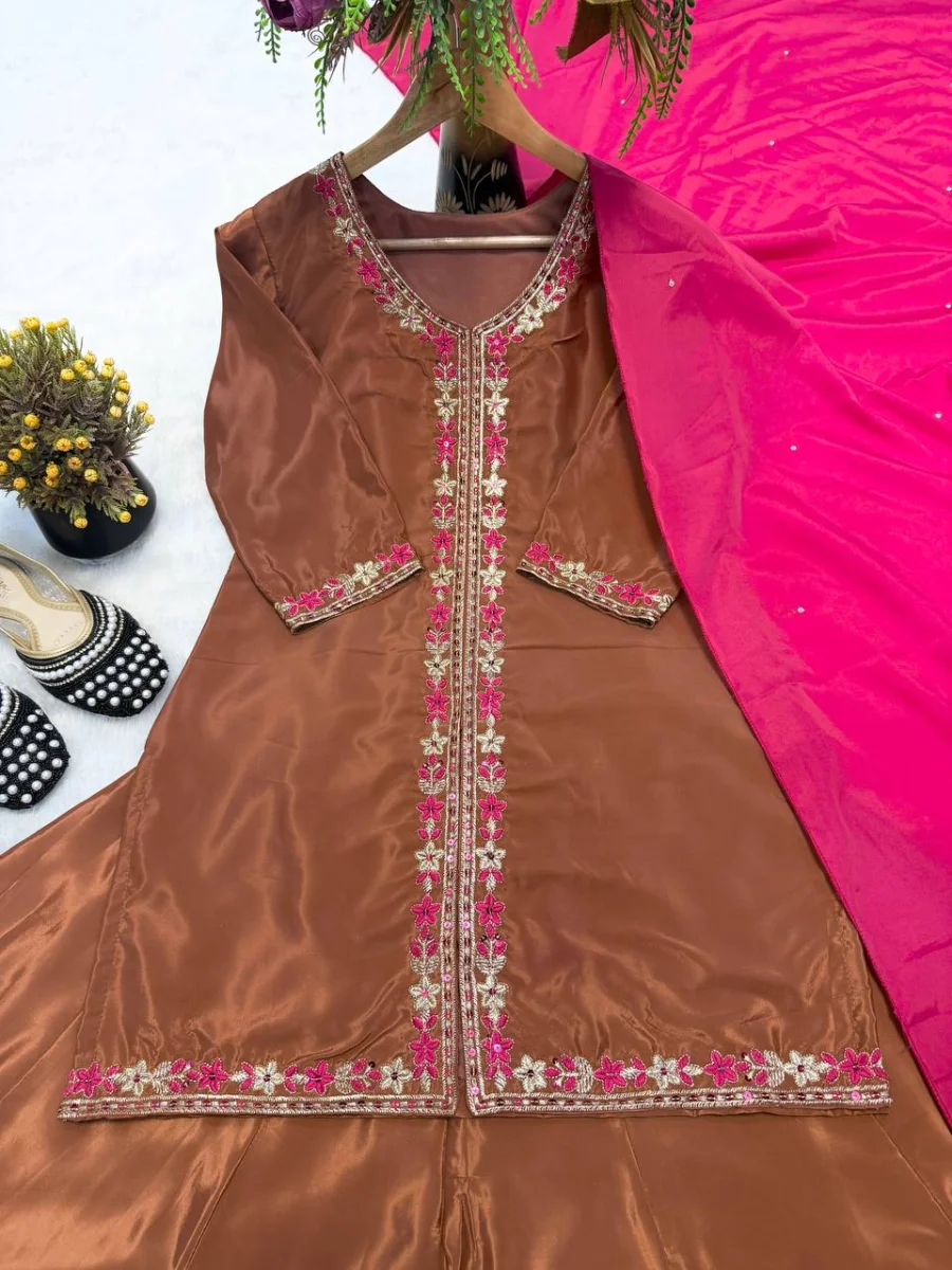 RICH LOOK CREPE SILK MULTI NEEDLE WORK EMBROIDERY SEQUENCE WORK TOP PALAZZO WITH DUPATTA WEDDING WEAR WHOLESALE PRICE ETHNIC GARMENT (14)