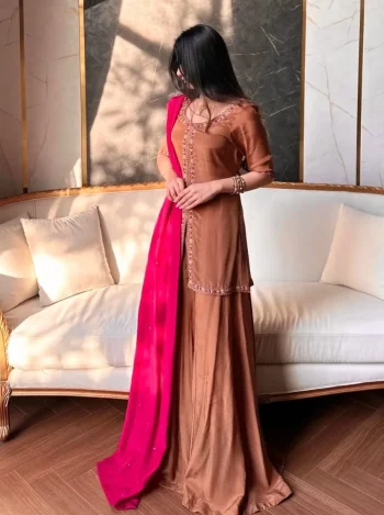 RICH LOOK CREPE SILK MULTI NEEDLE WORK EMBROIDERY SEQUENCE WORK TOP PALAZZO WITH DUPATTA CHIKU