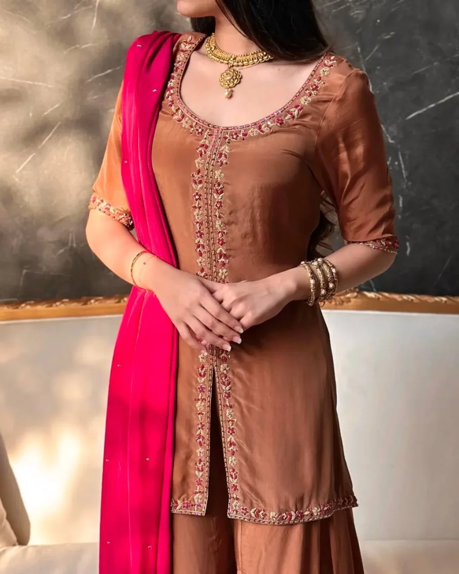 RICH LOOK CREPE SILK MULTI NEEDLE WORK EMBROIDERY SEQUENCE WORK TOP PALAZZO WITH DUPATTA WEDDING WEAR WHOLESALE PRICE ETHNIC GARMENT (4)