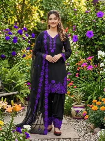 RICH LOOK CREPE SILK SEQUENCE EMBROIDERY WORK TOP PATIYALA WITH DUPATTA BLACK AND PURPLE