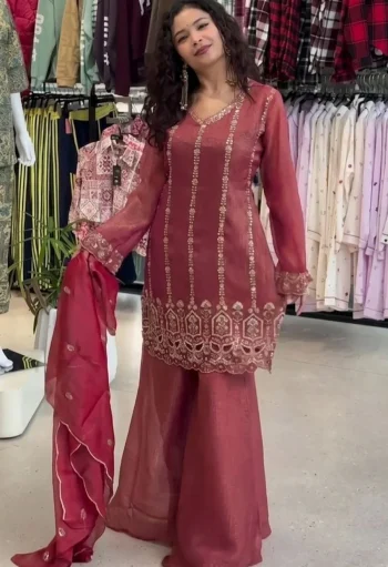 RICH LOOK CRUNCHY BEADS WITH SEQUENCE EMBROIDERY WORK TOP PALAZZO WITH DUPATTA GAJARI
