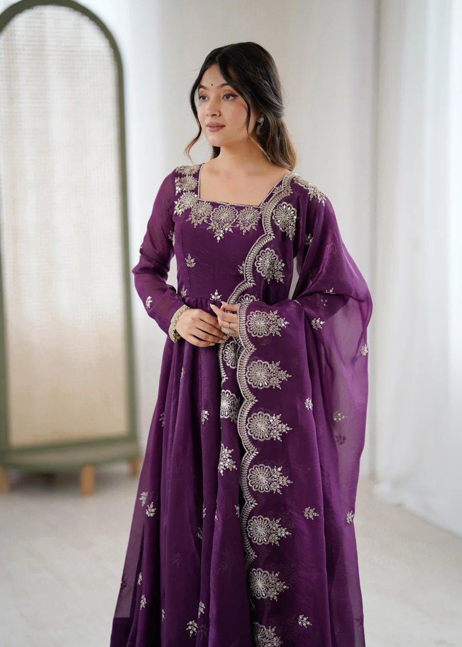 RICH LOOK CRUNCHY SILK EMBROIDERY SEQUENCE WORK GOWN BOTTOM WITH DUPATTA WEDDING WEAR WHOLESALE PRICE ETHNIC GARMENT (1)