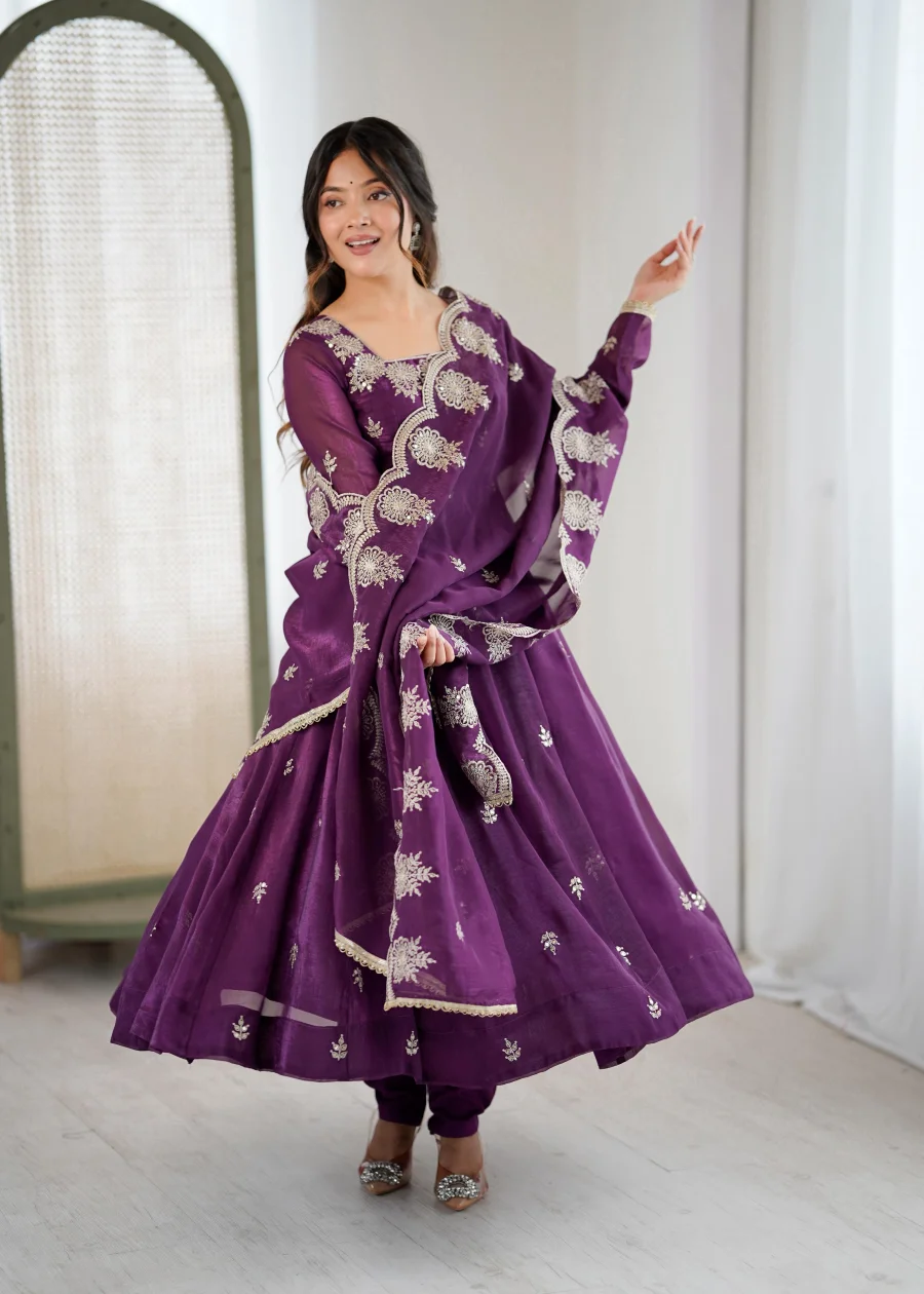 RICH LOOK CRUNCHY SILK EMBROIDERY SEQUENCE WORK GOWN BOTTOM WITH DUPATTA WEDDING WEAR WHOLESALE PRICE ETHNIC GARMENT (12)