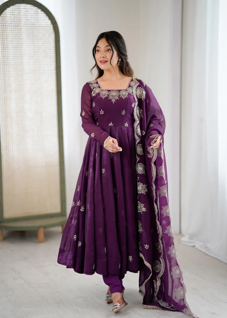 RICH LOOK CRUNCHY SILK EMBROIDERY SEQUENCE WORK GOWN BOTTOM WITH DUPATTA WEDDING WEAR WHOLESALE PRICE ETHNIC GARMENT (2)