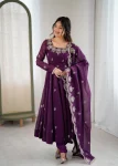 RICH LOOK CRUNCHY SILK EMBROIDERY SEQUENCE WORK GOWN BOTTOM WITH DUPATTA PURPLE
