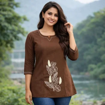 RICH LOOK DHABU COTTON HAND EMBROIDERY BUTTA WORK TOP BROWN