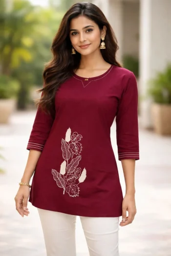 RICH LOOK DHABU COTTON HAND EMBROIDERY BUTTA WORK TOP MAROON
