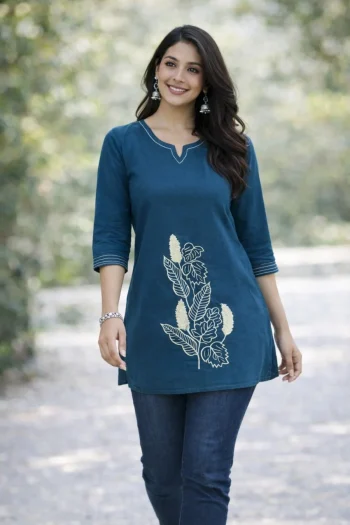 RICH LOOK DHABU COTTON HAND EMBROIDERY BUTTA WORK TOP TEAL