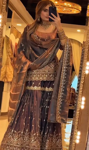 RICH LOOK FENDY CRUSH SILK SEQUENCE EMBROIDERY WORK TOP SHARARA WITH DUPATTA CHIKU