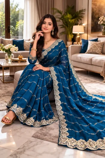 RICH LOOK FENDY SATIN BEADS EMBROIDERY AND LINING WORK WITH CUTWORK BORDER SAREE WITH UNSTITCHED BLOUSE TEAL