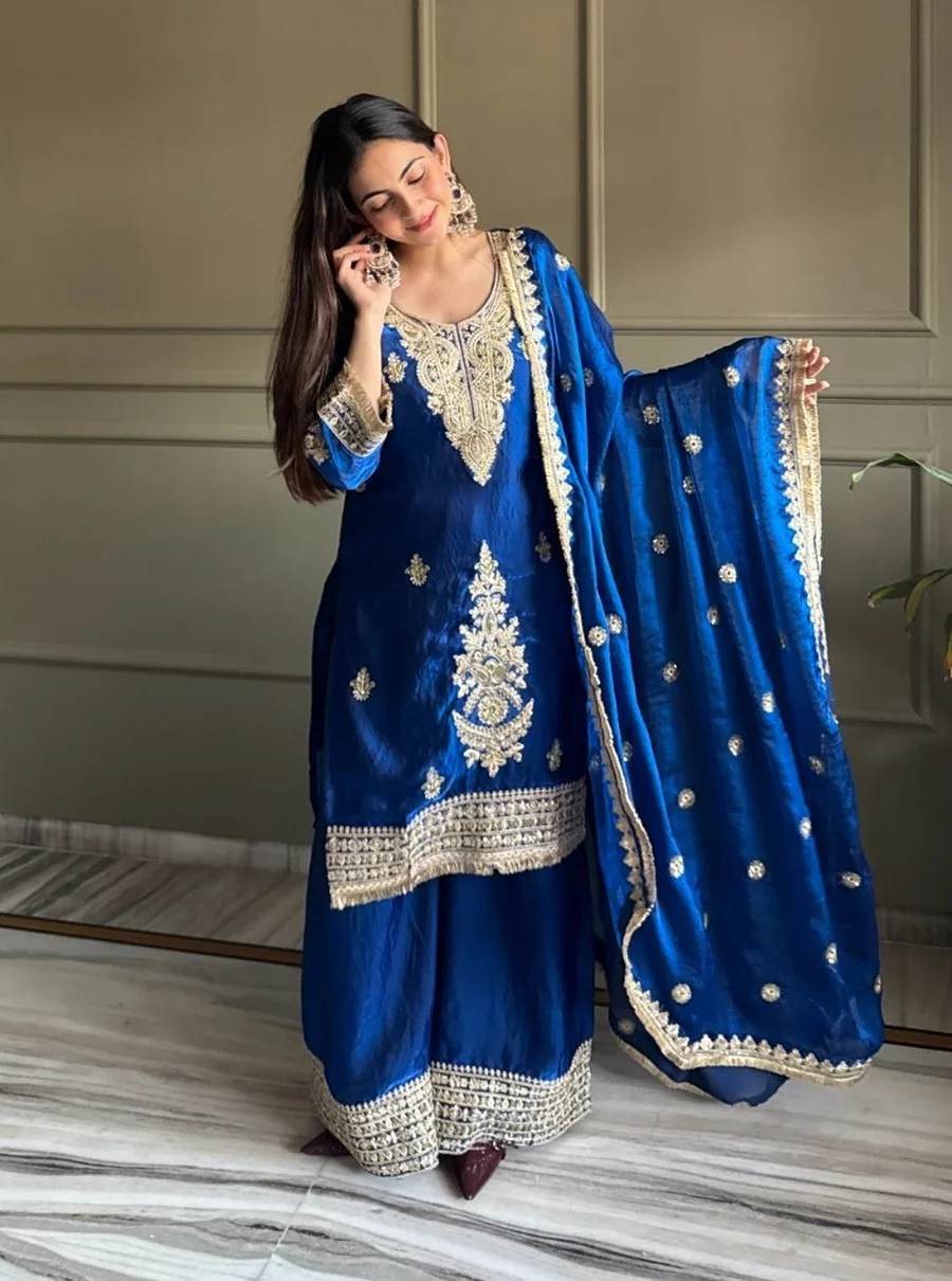 RICH LOOK FENDY SATIN EMBROIDERY WORK WITH LACE BORDER WORK TOP PALAZZO WITH DUPATTA FESTIVE WEAR WHOLESALE PRICE ETHNIC GARMENT (3)