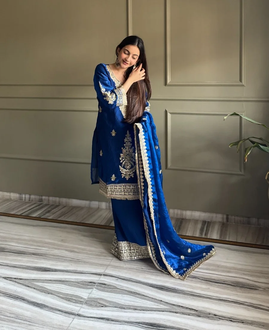 RICH LOOK FENDY SATIN EMBROIDERY WORK WITH LACE BORDER WORK TOP PALAZZO WITH DUPATTA FESTIVE WEAR WHOLESALE PRICE ETHNIC GARMENT (7)