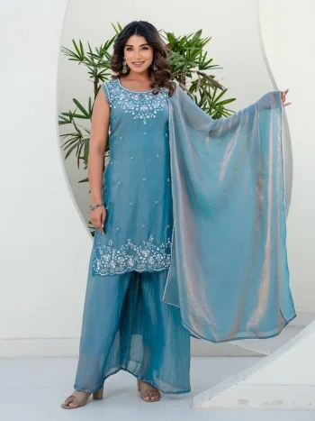 RICH LOOK FENDY SILK BEADS WORK TOP PALAZZO WITH DUPATTA TEAL