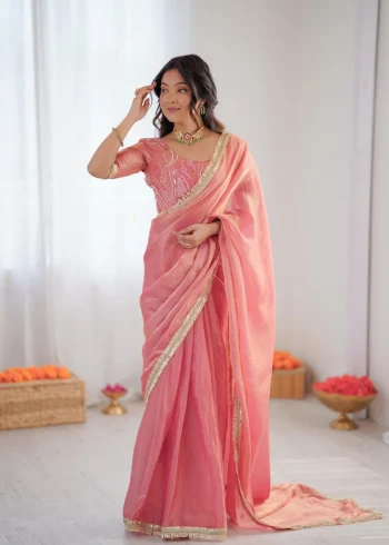RICH LOOK FENDY SILK FANCY LACE WORK READY TO WEAR SAREE WITH UNSTITCHED BLOUSE BABY PINK