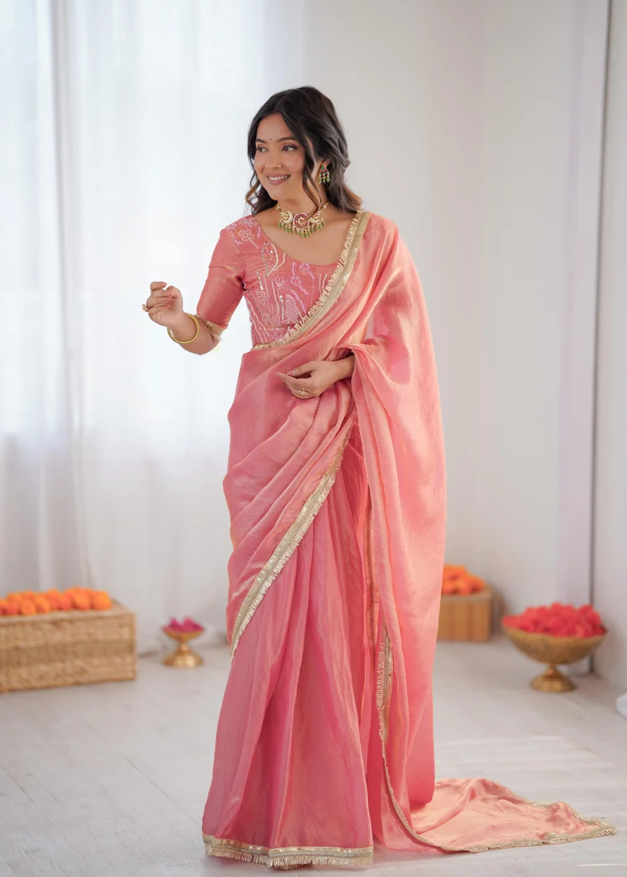 RICH LOOK FENDY SILK FANCY LACE WORK READY TO WEAR SAREE WITH UNSTITCHED BLOUSE PARTY WEAR WHOLESALE PRICE ETHNIC GARMENT (4)