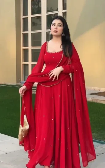 RICH LOOK GEORGETTE BEADS WITH EMBROIDERY  BUTTI  WORK GOWN BOTTOM WITH DUPATTA RED