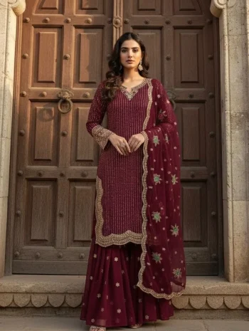 RICH LOOK GEORGETTE EMBROIDERY   3MM SEQUENCE WITH HAND WORK TOP SHARARA WITH DUPATTA MAROON