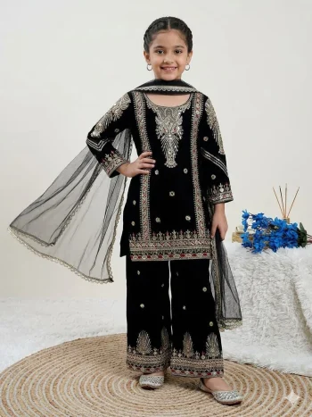 RICH LOOK GEORGETTE EMBROIDERY &  5 MM  SEQUENCE WORK KID'S TOP BOTTOM WITH DUPATTA BLACK