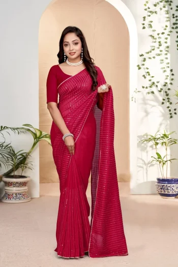 RICH LOOK GEORGETTE EMBROIDERY SEQUENCE WITH PIPING LACE BORDER WORK SAREE WITH UNSTITCHED BLOUSE RANI