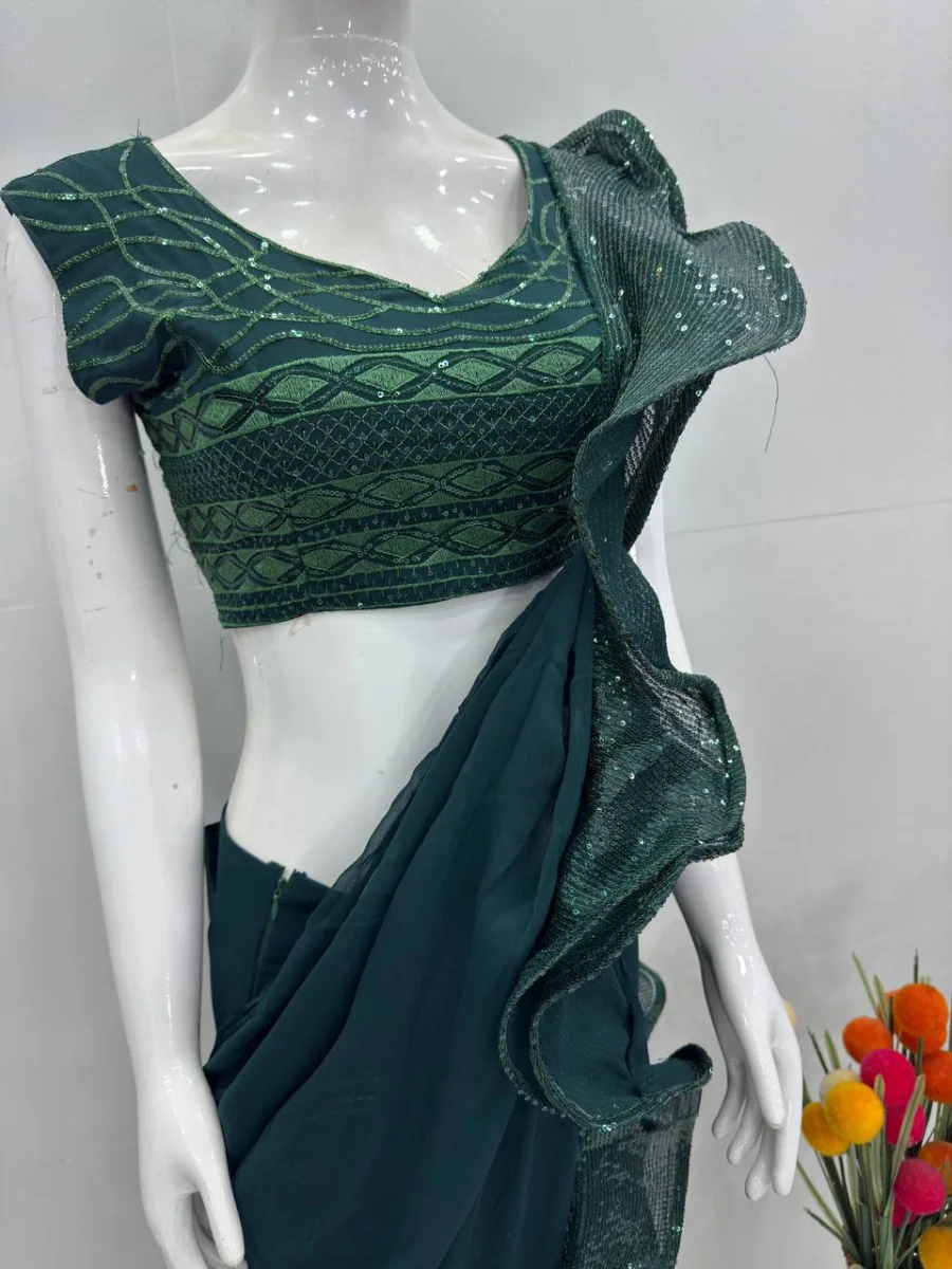 RICH LOOK GEORGETTE EMBROIDERY SEQUENCE WORK WITH RUFFLE WORK READY TO WEAR SAREE WITH UNSTITCHED BLOUSE PARTY WEAR WHOLESALE PRICE ETHNIC GARMENT (1)