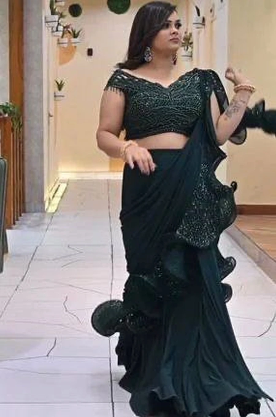 RICH LOOK GEORGETTE EMBROIDERY SEQUENCE WORK WITH RUFFLE WORK READY TO WEAR SAREE WITH UNSTITCHED BLOUSE PARTY WEAR WHOLESALE PRICE ETHNIC GARMENT (2)