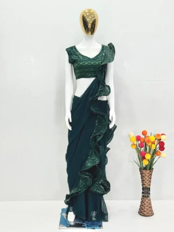 RICH LOOK GEORGETTE EMBROIDERY SEQUENCE WORK WITH RUFFLE WORK READY TO WEAR SAREE WITH UNSTITCHED BLOUSE GREEN