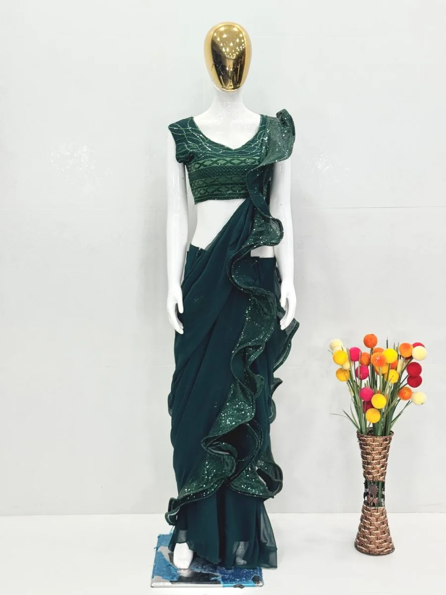 RICH LOOK GEORGETTE EMBROIDERY SEQUENCE WORK WITH RUFFLE WORK READY TO WEAR SAREE WITH UNSTITCHED BLOUSE PARTY WEAR WHOLESALE PRICE ETHNIC GARMENT (5)