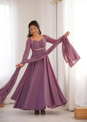 RICH LOOK GEORGETTE FANCY LACE WORK GOWN WITH DUPATTA LAVENDER