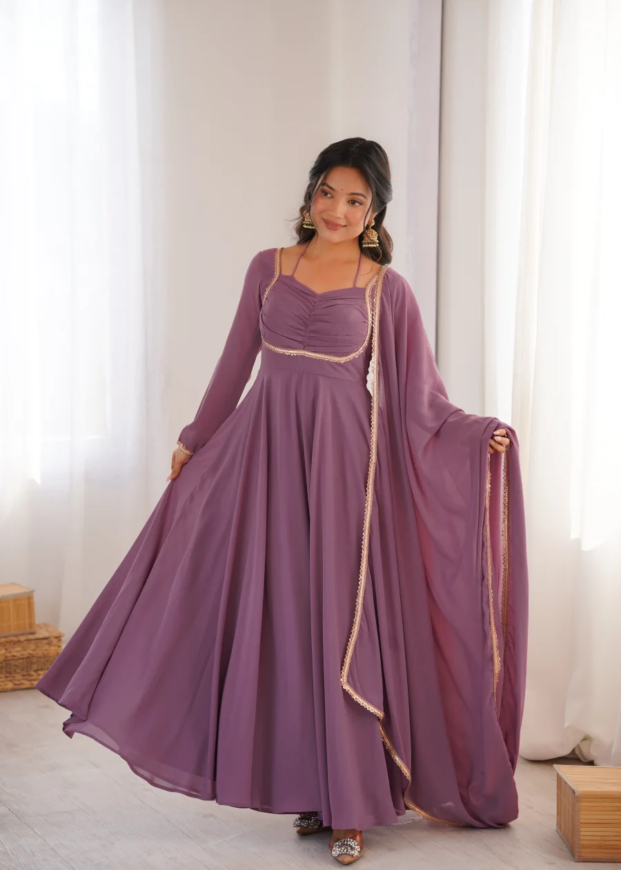 RICH LOOK GEORGETTE FANCY LACE WORK GOWN WITH DUPATTA FESTIVE WEAR WHOLESALE PRICE ETHNIC GARMENT (9)