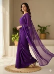 RICH LOOK GEORGETTE HEART HANDWORK KUMUD BEADS WORK SAREE WITH UNSTITCHED BLOUSE PURPLE