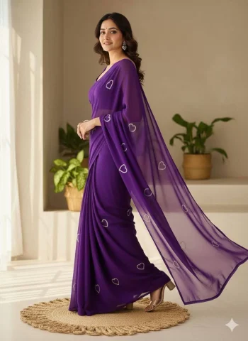 RICH LOOK GEORGETTE HEART HANDWORK KUMUD BEADS WORK SAREE WITH UNSTITCHED BLOUSE PURPLE