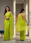 RICH LOOK GEORGETTE HEART HANDWORK KUMUD BEADS WORK SAREE WITH UNSTITCHED BLOUSE PARROT GREEN