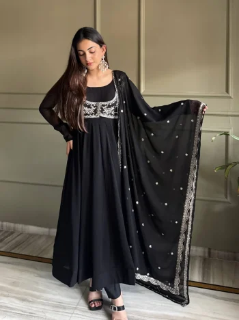 RICH LOOK GEORGETTE PLAIN GOWN BOTTOM WITH FANCY WORK  KOTI AND DUPATTA BLACK