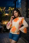 RICH LOOK GEORGETTE PRINTED WORK ONLY TOP ORANGE AND OFF WHITE