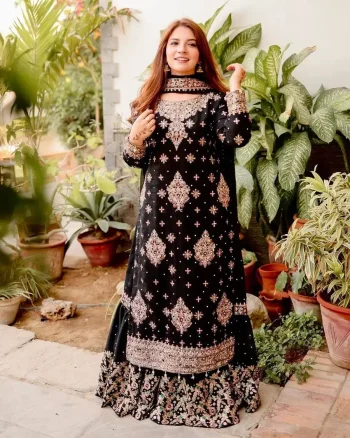RICH LOOK GEORGETTE REAL MIRROR WORK & ZARI EMBROIDERY WORK TOP SHARARA WITH DUPATTA BLACK