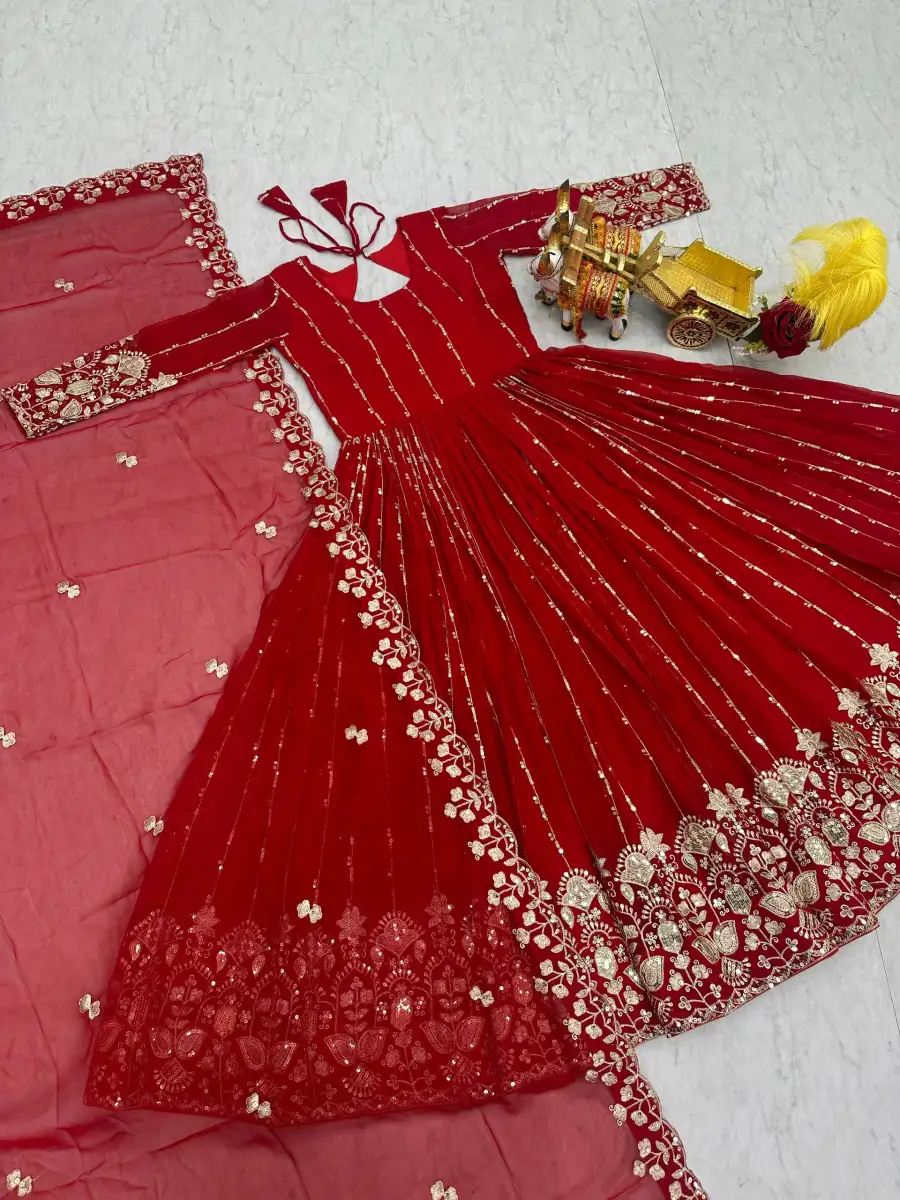 RICH LOOK GEORGETTE SEQUENCE EMBROIDERY WORK GOWN WITH DUPATTA WEDDING WEAR WHOLESALE PRICE ETHNIC GARMENT (13)