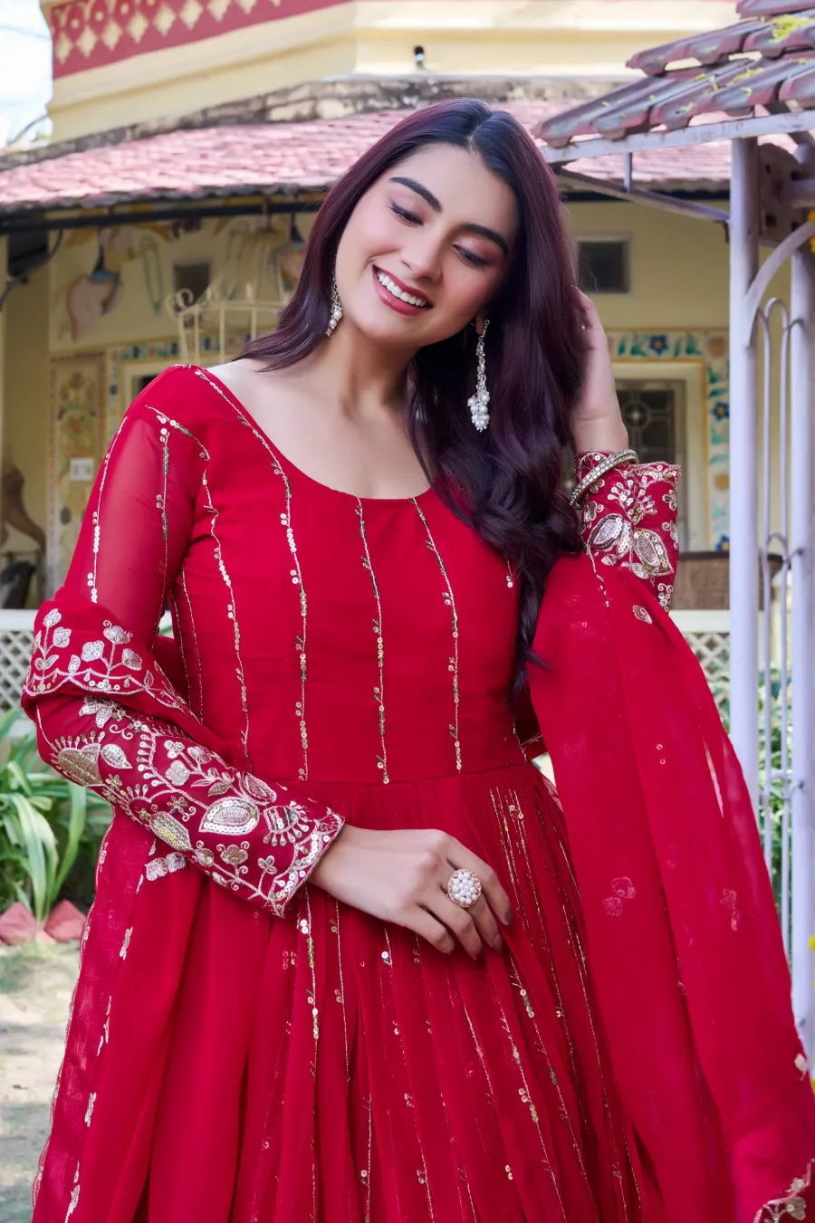 RICH LOOK GEORGETTE SEQUENCE EMBROIDERY WORK GOWN WITH DUPATTA WEDDING WEAR WHOLESALE PRICE ETHNIC GARMENT (7)