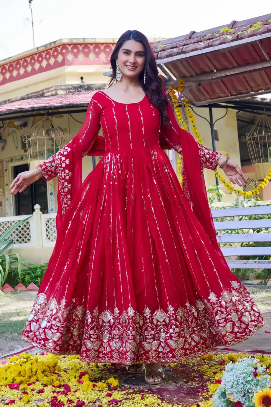 RICH LOOK GEORGETTE SEQUENCE EMBROIDERY WORK GOWN WITH DUPATTA WEDDING WEAR WHOLESALE PRICE ETHNIC GARMENT (8)