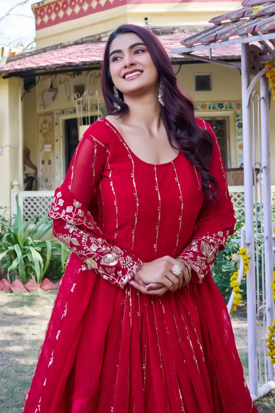 RICH LOOK GEORGETTE SEQUENCE EMBROIDERY WORK GOWN WITH DUPATTA WEDDING WEAR WHOLESALE PRICE ETHNIC GARMENT (9)