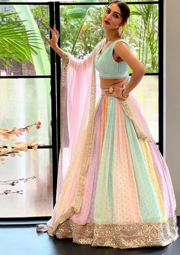RICH LOOK GEORGETTE SEQUENCE + PAPER MIRROR WORK LEHENGA CHOLI WITH DUPATTA MULTI