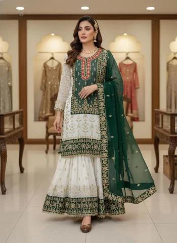RICH LOOK GEORGETTE SEQUENCE & ZARI EMBROIDERY WITH PEARL MOTI WORK TOP SHARARA WITH DUPATTA GREEN
