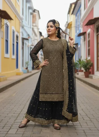 RICH LOOK GEORGETTE SEQUENCE & ZARI EMBROIDERY WORK  TOP PALAZZO WITH DUPATTA BLACK