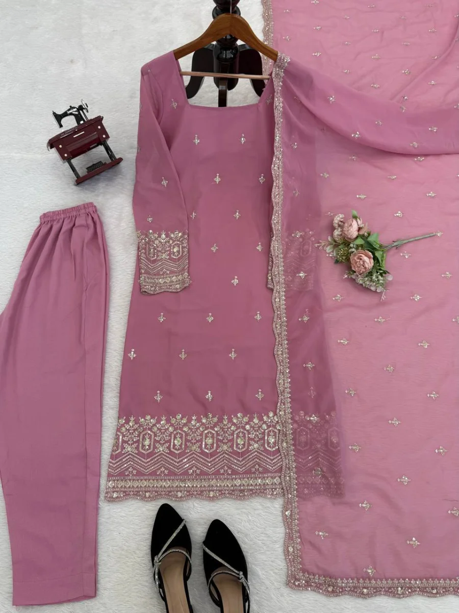RICH LOOK GEORGETTE THREAD WITH SEQUENCE WORK TOP BOTTOM WITH DUPATTA FESTIVE WEAR WHOLESALE PRICE ETHNIC GARMENT (1)