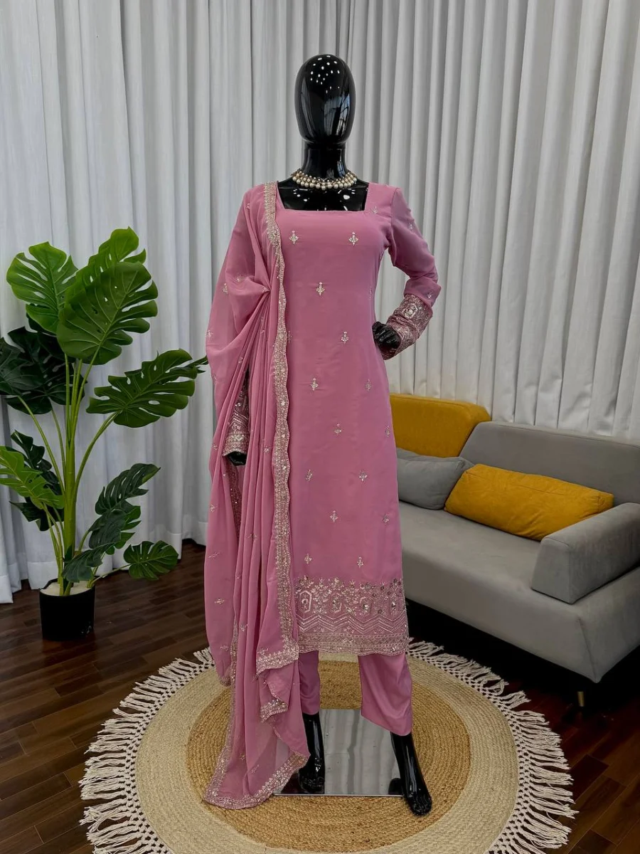 RICH LOOK GEORGETTE THREAD WITH SEQUENCE WORK TOP BOTTOM WITH DUPATTA FESTIVE WEAR WHOLESALE PRICE ETHNIC GARMENT (16)