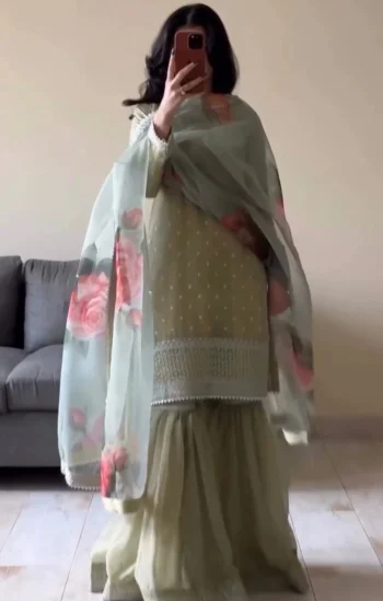 RICH LOOK GEORGETTE THREAD WITH SEQUENCE WORK TOP SHARARA WITH DUPATTA PISTA