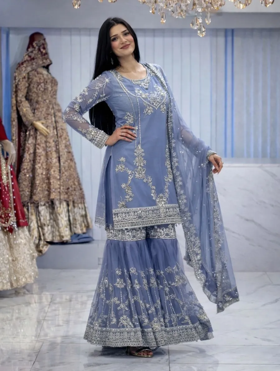RICH LOOK GERMAN CHINON EMBROIDERY SEQUENCE WORK WITH READY MADE LACE BORDER WORK TOP SHARARA WITH DUPATTA FESTIVE WEAR WHOLESALE PRICE ETHNIC GARMENT (2)