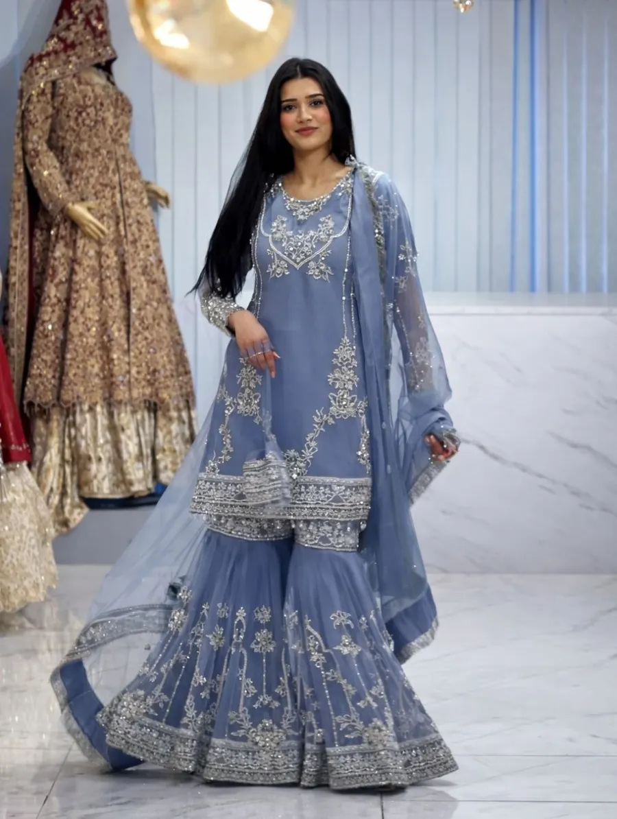 RICH LOOK GERMAN CHINON EMBROIDERY SEQUENCE WORK WITH READY MADE LACE BORDER WORK TOP SHARARA WITH DUPATTA FESTIVE WEAR WHOLESALE PRICE ETHNIC GARMENT (3)